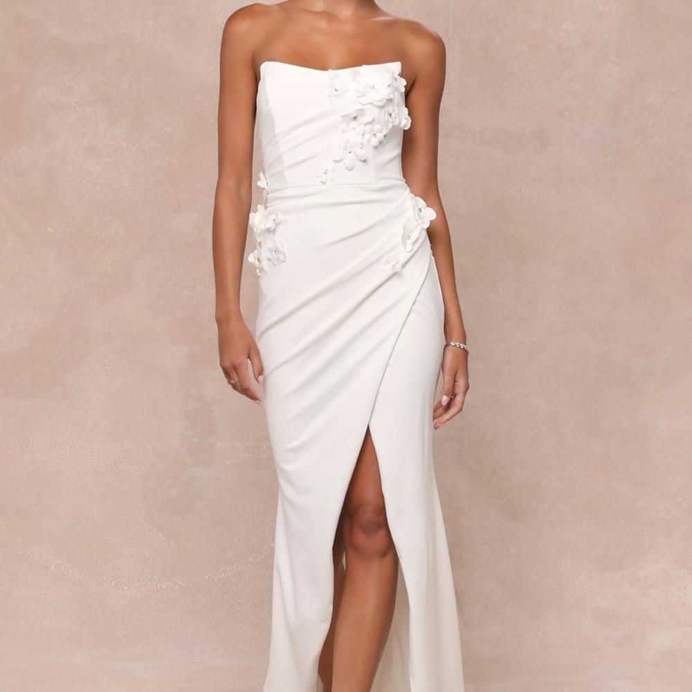 Lulu's White Strapless Ruched Gown with Slit